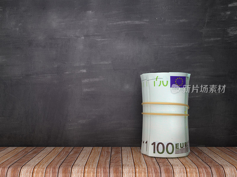 欧元钞票滚在木地板-黑板背景- 3D渲染